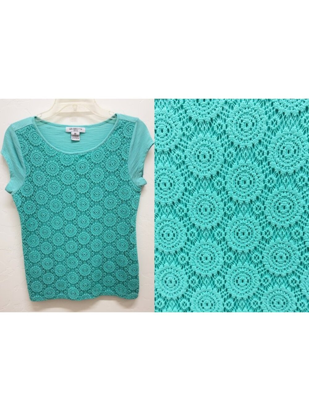 Liz Claiborne Petite Teal Lace Overlay Short Sleeve Top PS Made in Jordan